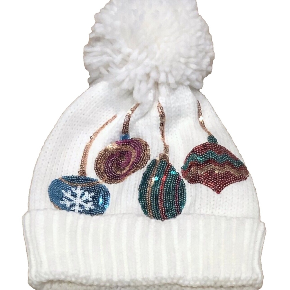 (NWT) Charter Club Women's White Festive Sequined Mixed Baubles Beanie OSFM - Picture 2 of 7